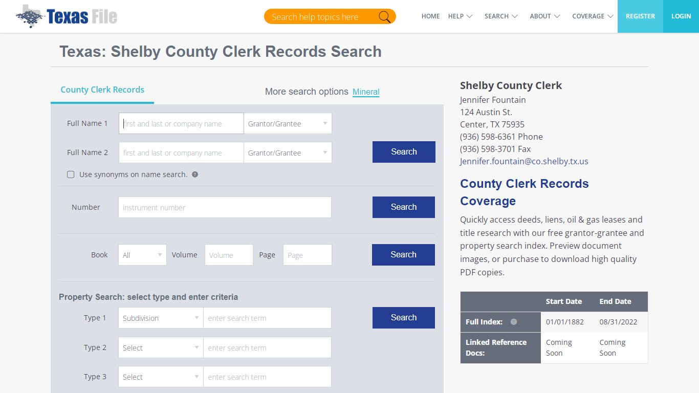 Texas : Shelby County Clerk Records Search - TexasFile